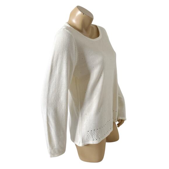 CAROLYN TAYLOR Womens Size Large Cream Rhinestone Long Sleeve Pullover Sweater - Picture 3 of 8